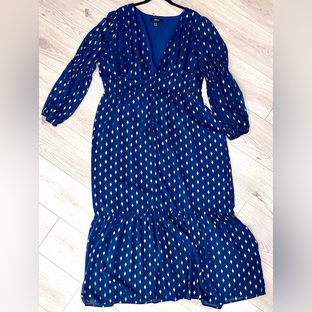 Forever 21 | Dresses | Forever 2 Blue Maxi Dress Womens 3x Gold Print Detail